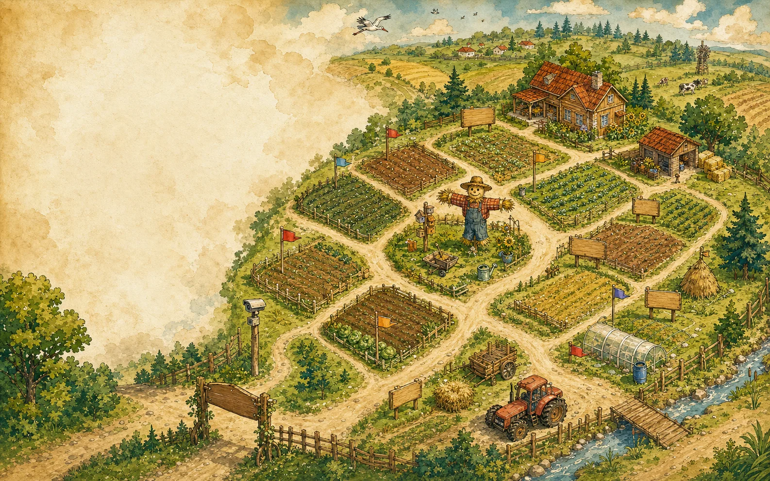 Рисованная деревенская карта Affiliate Farm с рекламными грядками, пугалом, домом, дорогами и местами под спонсорские таблички