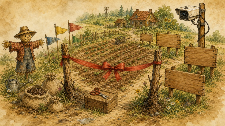Рисованное поле Affiliate Farm с красной ленточкой запуска, пугалом, камерой и пустыми табличками