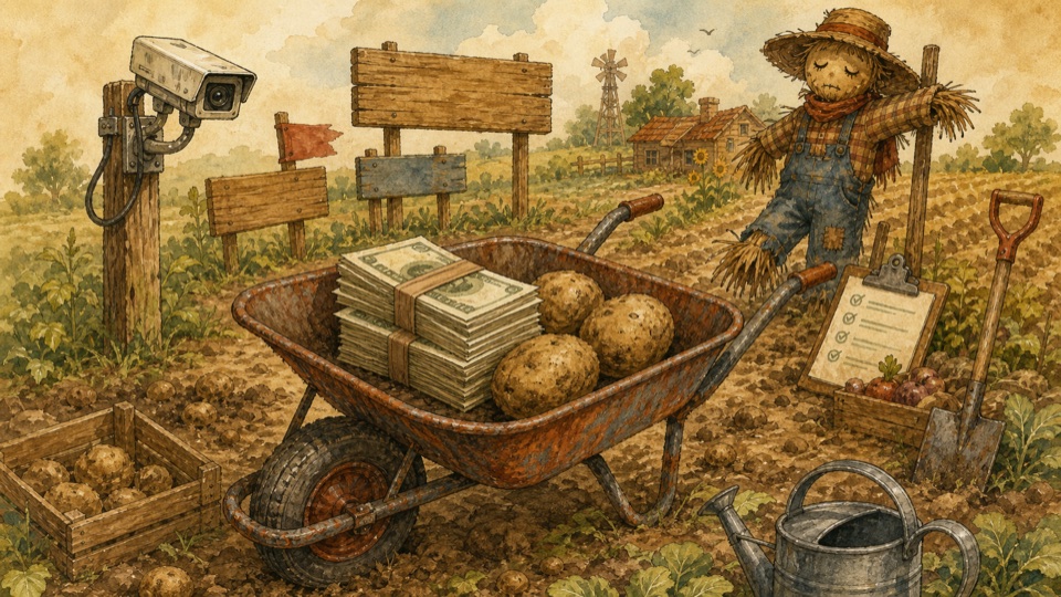 Ржавая тачка с картошкой и пачкой бумажных денег на поле Affiliate Farm